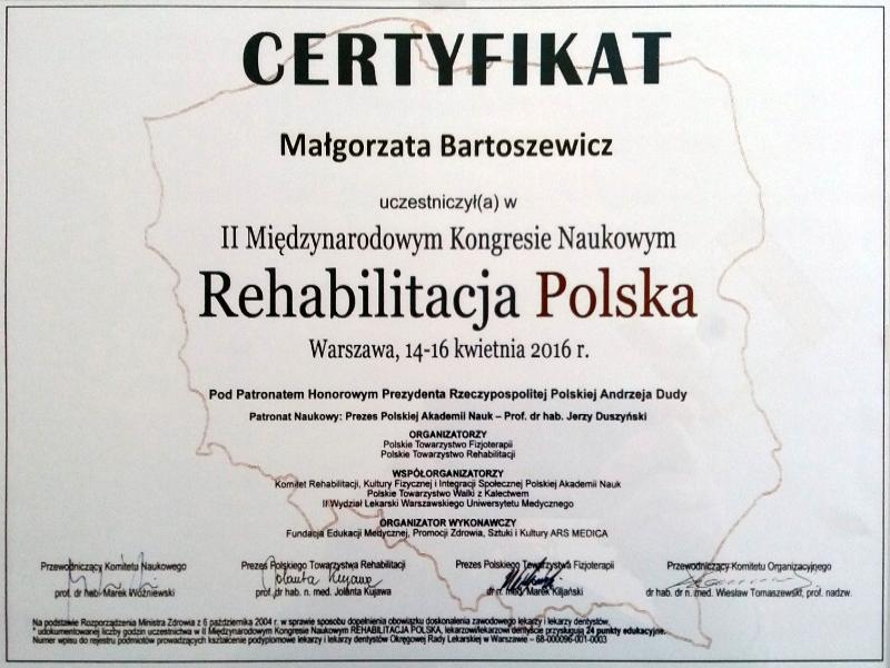 Certyfikat Kongres Rehabilitacja Polska